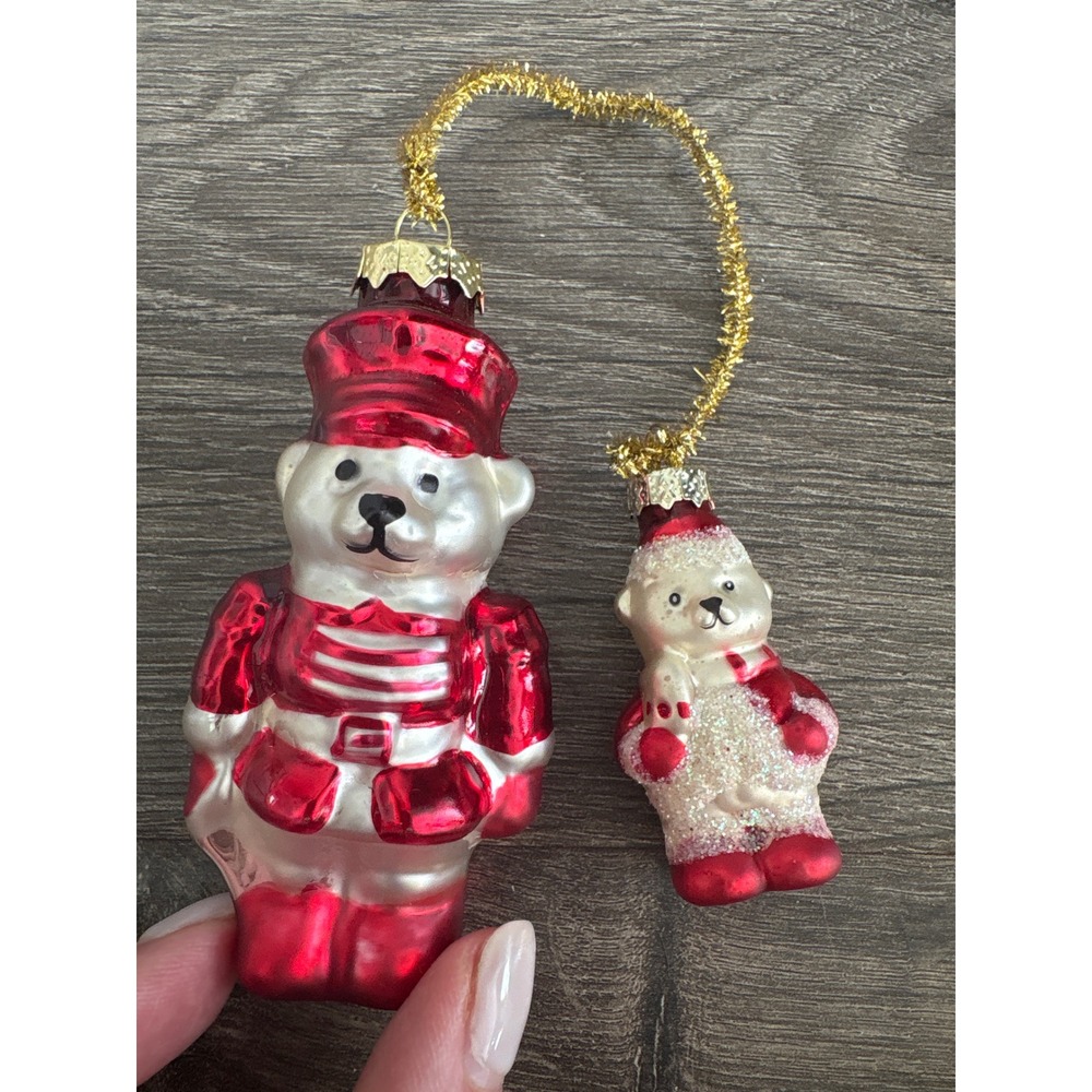 Vintage Style Glass Bear Nutcracker Soldier Christmas Ornaments Set of 2 Red